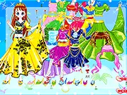 Screenshot of Sweety Princess dress-up game, showing a female royal character wearing an elegant gown and jewelry, free online fashion game.