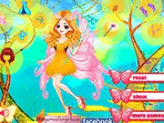 Screenshot of the Fairy Leader Dress Up online game showing a fairy character with large wings and a flowing, magical gown.