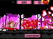 Screenshot of the Valentines Drive online game showing a vehicle driving on a road covered in red hearts and obstacles