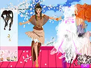 Screenshot of the Japanese Charming Girl dress up game showing a character dressed in a vibrant, multi-layered outfit inspired by Harajuku street fashion.