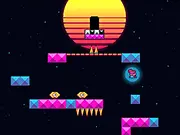 Gameplay screenshot of Leap the Synth, showing a character standing on a neon-blue pulsing block on a dark, 80s retro-styled grid background, symbolizing synthwave rhythm-platforming.