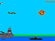 Screenshot of Bomber War Plane online game showing an airplane shooting at enemy fighters and dropping bombs on a ship