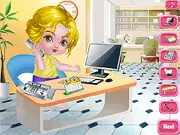 A cute cartoon baby girl character sitting at a desk and being dressed up in a professional receptionist outfit in the Baby Receptionist Dress Up free online game.