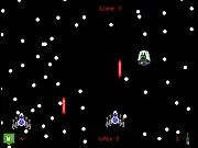 Tandem Space-Ships free online game screenshot showing two small spaceships flying through an obstacle course in deep space on PlayArcadeHub
