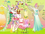 Screenshot of the Mystical Spring Fairy dress up game showing an enchanting fairy character with large wings and a colorful, flowing gown accented with flowers.