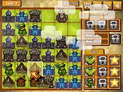 The grid-based game board of Twisted Kingdom showing various levels of merged houses, large buildings, and small warrior units on a medieval town map.