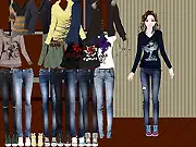Screenshot from Twilight Saga Style Dress Up game, showing a model in fashion inspired by the Twilight series, featuring a fan-designed shirt.