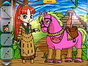 A girl in a pink dress styling her brown pony with a saddle, accessories, and changing clothes in the free online game Pony and Me