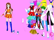 Screenshot from Techno Girl Dress Up Free game, showing a female model in a futuristic, techno-themed costume mixed with anime style accessories.