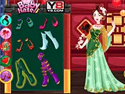 Cute Mulan Royal Dressup game screenshot showing the princess in an elegant red and gold imperial Chinese gown