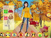 Screenshot from Fall Season Dress Up Online game, showing a girl model wearing stylish autumnal clothes and a large collection of fall season dresses.