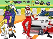 Racer Dressup free game screenshot, customizing a racer with racing helmet, suit, and gloves, male or female model selection online