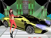 Screenshot of Car Show Dress Up Online game, featuring a glamorous car show model posing next to a luxury car with custom colors and styles.