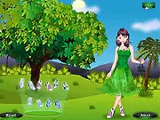 Beautiful Tina Dress Up free online game, girl standing by green plants, wearing a nature-themed outfit with floral patterns.