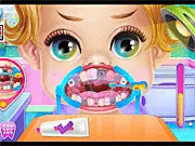 Screenshot from Baby Princess Dentist Brackets game, showing a little girl having dental work done to install braces or fix teeth, free doctor game.