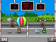 Pixel Volley free online game screenshot showing two pixel heroes trying to head-bump a ball over a volleyball net