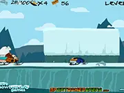 Screenshot of Catch That Penguin! online game showing a penguin running away from a large polar bear on ice