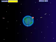 Defendification free online game screenshot, player using mouse to shoot down incoming enemy missiles and defend the planet.