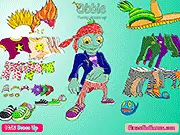 Obbie Funny Dressup game with a green creature wearing funky clothes and jewelry, play free online game