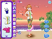 Vacation Holiday Dressup free online game screenshot, character in stylish summer resort outfit by the beach
