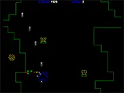Flatland game screenshot showing a polygonal player ship surrounded by enemy shapes and collectible glowing fragments in a minimalist 2D environment