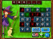HangWitch Online word game screen showing letters and a partially hanged witch, fruit category puzzle.