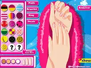 Screenshot of Nail Salon Challenge online game showing a hand with a colorful, decorated manicure