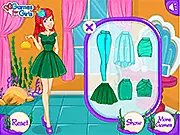 Ariel's Spring Fashion dress up game screenshot; Disney Princess Ariel posing in a stylish green and purple spring outfit with her hair freshly styled, standing in a brightly lit dressing room.