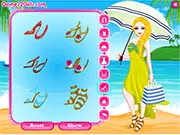 Summer Beauty: Emma's Beach Look dress up game screenshot; a young woman named Emma smiling while wearing a stylish summer dress and holding a large tote bag, standing on a beach background.