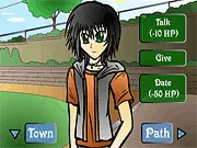Screenshot from Festival Days Sim Date showing the protagonist and a dateable character at a park, playing the free online dating sim game.