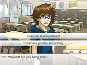 Screenshot of the Memory Days Sim Date game showing the main character interacting with one of the three romantic interests in a classroom setting