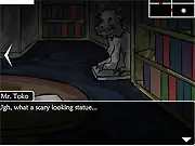 Xolga and Mr. Toko Episode 6 online game screenshot showing the human Mr. Toko exploring a dark, mysterious world