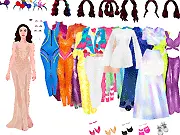 Screenshot of Marina and the Diamonds Dress Up game showing the singer character surrounded by various choices of glamorous and theatrical clothing items.