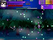 Gameplay screen of Fantasy Cats Shooter 3 showing a cute cat character firing energy blasts at enemy creatures while dodging a dense pattern of colorful bullets.
