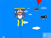 Play Doraemon Kite free online game, showing Doraemon flying a kite and dodging birds in the sky.