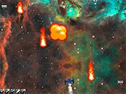 Space Control game screenshot showing a player's spaceship firing lasers at a large, detailed enemy boss ship against a background of stars and planets