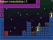 Screenshot of the Jumps-- online game showing a small square character about to jump over a row of red spikes between two platforms