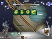 Starship Rescue typing game screen showing a spaceship being attacked by enemies with words that must be typed to destroy them