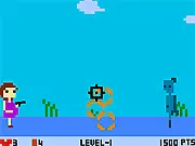 Full Metal Mom free online shooting game screenshot showing the pregnant mother character defending against robot enemies