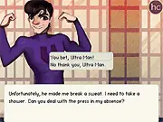 Sidekicks Never Win game screen showing a sidekick character standing at a podium being questioned by a hostile press corps after a hero's wardrobe malfunction