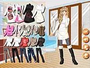 Warmer in Winter Dressup game showing a model wearing a stylish coat, scarf, and hat for cold weather