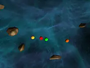 AsteroBall free online arcade survival game, multiple floating balls dodging numerous grey asteroids in a dark space environment