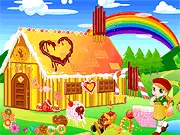 Candyland Decorator free online game, image of a decorated gingerbread house surrounded by candy, frosting, and rainbows