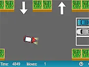 Parking Mania Flash free online driving game screenshot showing a car carefully maneuvering into a tight parking space in an obstacle-filled lot