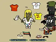 Screenshot of the Dress Toxie game showing the green monster character wearing a humorous, stylish dress and accessories.