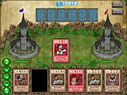 Screenshot of War Card 2, a free online strategy card game, showing two opposing castles and troops battling in the center lane