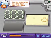 Play Fried Little Onion Ring free online cooking game, showing the steps to prepare and fry a golden onion ring.