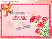 Digital screen showing a custom-made Mother's Day card with hearts, flowers, and a loving message created in the Make Your Mom a Card online game