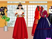 Beautiful Hanbok dress up game screenshot showing a female character wearing a traditional Korean Hanbok outfit with a vibrant pink skirt and blue top