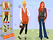 Two girls in various trendy fall fashions and outfits from the Fall Fashions Dressup game online